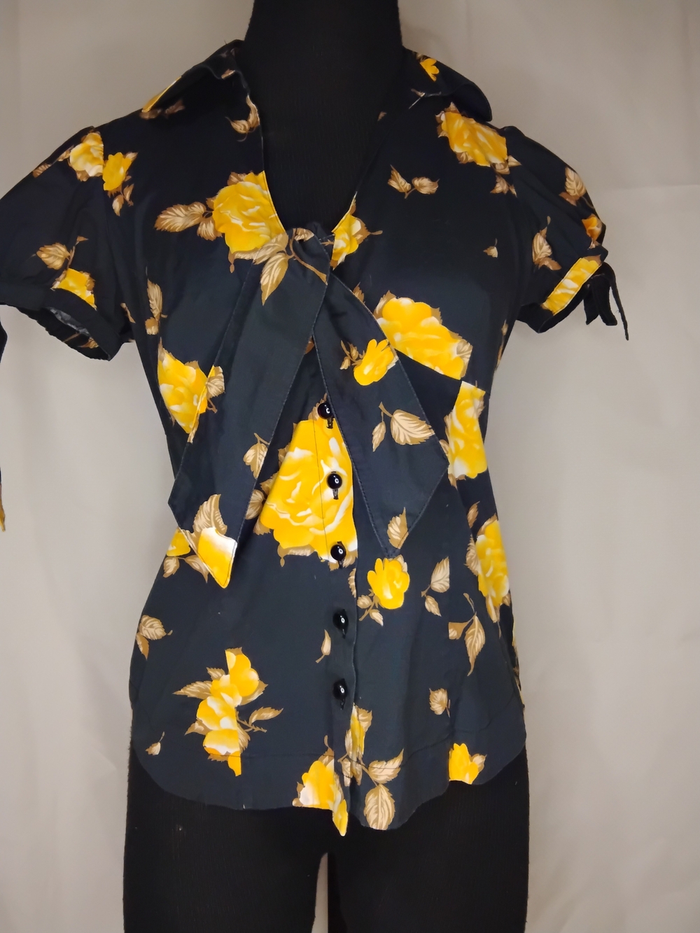 Odille Black Button-Down Blouse with Yellow Rose Print